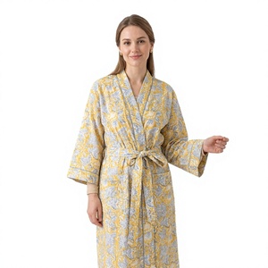 Peignoir Kimono Bohème Hippie 100% Coton Pur à Imprimé Floral, Col en V, Fermeture à Ceinture, Longueur Intégrale, Vêtement de Nuit Romantique et Élégant pour l'Hiver - Product Image 1
