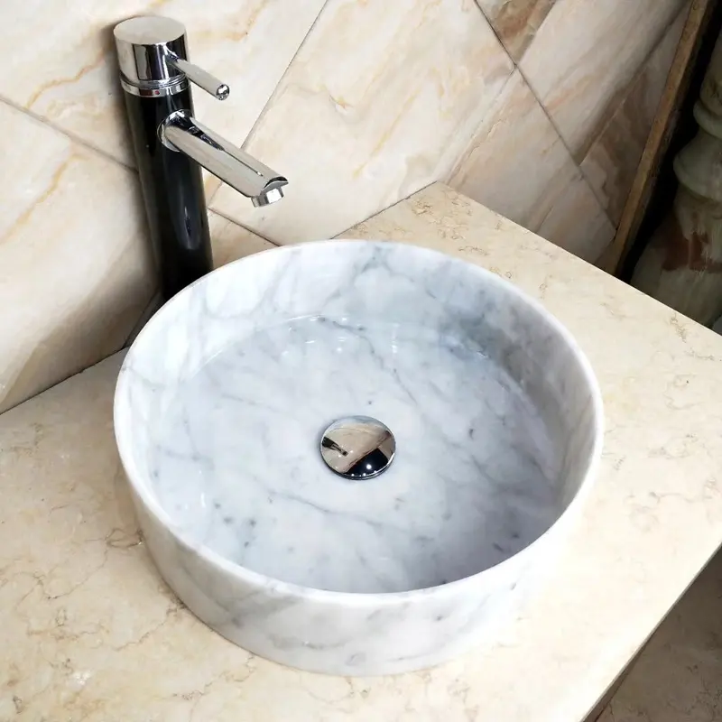 Bianco Carrara หินอ่อนทรงกระบอก Honed หินอ่างหินอ่อนสีขาวรอบอ่าง