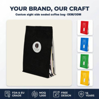 Sachet personnalisé noir mat pour café et aliments pour animaux avec valve de dégazage, languette facile à décoller, scellé sur huit côtés, en PET