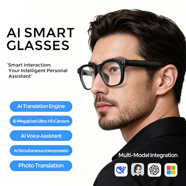 Premium AI Smart Glasses with WiFi 4 Wearing Detection Photo Translation 8MP Camera AI Voice Assistant AI Translation Eyewear
