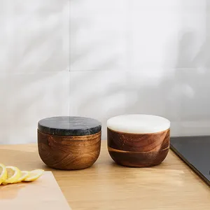 Boîte de cave à sel en bois d'acacia de forme ronde écologique avec couvercle en marbre