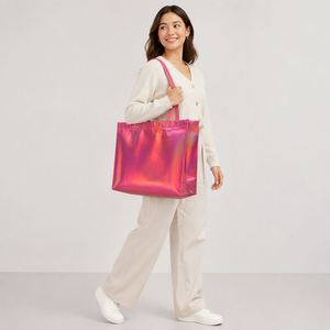 Custom Holographic Nonwoven Tote <b>Bag</b> Laser Laminated Reusable Shopping Gift Carry <b>Bag</b> Pink Handles - Product Image 3