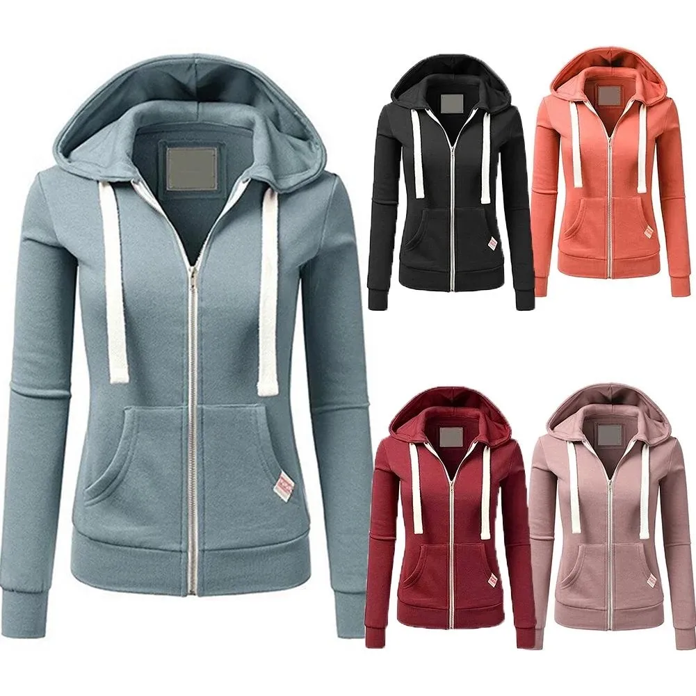 Moletons de capuz personalizados, casaco esportivo com capuz e bolsos de zíper para outono e inverno para mulheres