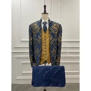 Men's Ready to Ship Navy Blue Gold Jacquard Wedding Suits 3 Piece Custom High Quality Fashion Party Blazer Business Jackets