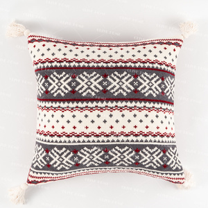 Xmas Throw <strong>Pillow</strong> Cover 20"x20" Knitted <strong>Snowflake</strong> Reverse Red &amp; White Cushion Cover with Tassels for Couch/Bedroom Decor - Product Image 1