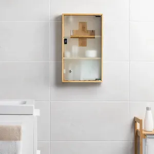 Armoire à médicaments murale en bambou naturel à 3 niveaux avec serrure et porte en verre de sécurité - Product Image 5