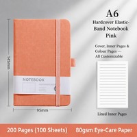 Couverture de carnet A5 à couverture rigide avec bande élastique, pages intérieures lignées, rose, journal personnalisé