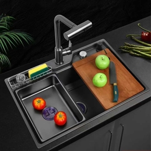 Pia de Cozinha Moderna de Aço Inoxidável com Superfície Nano, Cuba Única, Antirruído, Três Furos, Cesto de Armazenamento e Garantia de 3 Anos - Product Image 3