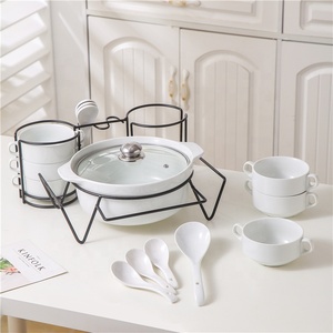 Set Perlengkapan Makan: Panci Sup Keramik Putih 10,5 Inci dengan 6 Mangkuk 6x6,25 Inci, 1 Sendok 8,75 Inci, 6 Sendok 5,25 Inci, dan Rak Logam Hitam - Product Image 2
