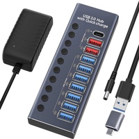 Hub USB 3.0 en alliage d'aluminium à 10 ports haute vitesse 10 Gbps avec commutateur d'extension USB Type C PD 20 W pour transfert de données sur ordinateur portable