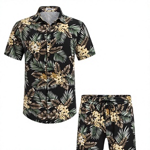 mens black yellow tropical floral palm leaf print <b>short</b> <b>sleeve</b> lapel <b>button</b> <b>up</b> shirt matching <b>shorts</b> 2 piece set casual hawaiian - Product Image 1