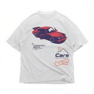 T-shirt grafica bianca vintage con auto sportiva turbo, unisex, oversize, girocollo, manica corta, streetwear da corsa - Product Image 2