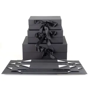 豪华定制标志折叠扁平黑色磁性礼品盒鞋服包装