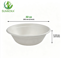 Bol à salade rond en bagasse de canne à sucre biodégradable Sumkoka 24oz 32oz, jetable, compatible micro-ondes, qualité alimentaire, avec couvercle