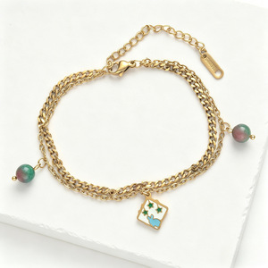Bracelet en or 18 carats plaqué or pour femmes, en acier inoxydable, avec perles en strass, cœur rouge, résistant au ternissement, bijoux tendance - Product Image 4