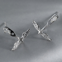 Boucles d'oreilles clous Ailes d'Ange fines avant-arrière avec zircon en argent sterling 925, bijoux de créateur personnalisés, vente en gros