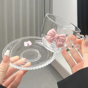 Lindo juego de taza de vidrio con lazo rosa 3D, asa con cuentas, platillo y cuchara, transparente, para café, latte, té con leche, té de la tarde, regalo para niña - Product Image 5