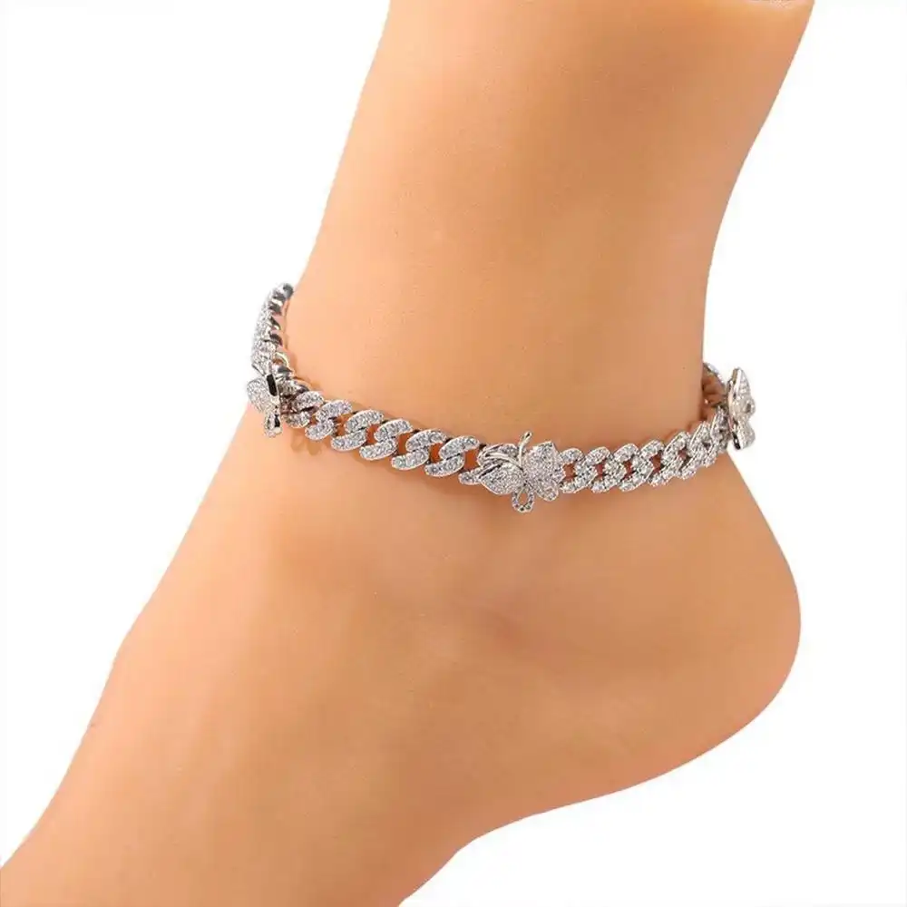 Hot sell Tobilleras Creative luxury hip hop trend butterfly cuban link anklet