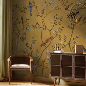 Papel Tapiz Autoadhesivo Ecológico de Papel de Seda Impermeable con Diseño Chinoiserie en Amarillo Mostaza, Pájaros, Flores y Ramas, Papel Tapiz Moderno para Paredes del Hogar - Product Image 1