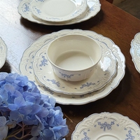Service de vaisselle en porcelaine vintage français de luxe léger, motif floral bleu, avec soucoupes – Qualité alimentaire, idéal pour desserts, salades, dîners et soupes