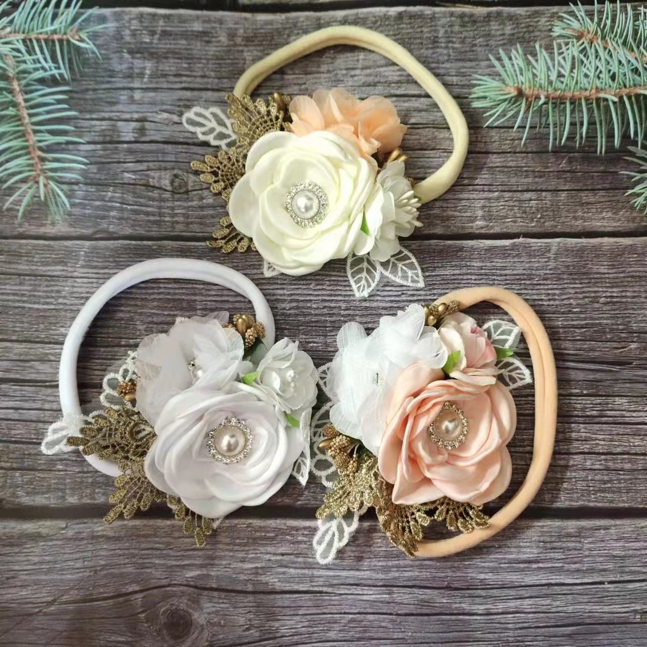 2022 новый дизайн, пользовательские детские аксессуары для волос с цветами для девочек, нейлоновые повязки на голову с цветочным жемчугом и стразами для малышей