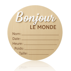 Panneau de bienvenue pour nouveau-né en langue personnalisée, marqueur d'annonce de naissance d'hôpital en bois sculpté à la main, sculpture ronde pour bébé - Product Image 1