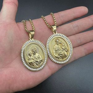 Yunnique – collier avec pendentif religieux en acier inoxydable, plaqué or, zircon, charme ovale Jésus et enfant, bijoux à la mode Hip Hop, cadeau - Product Image 4