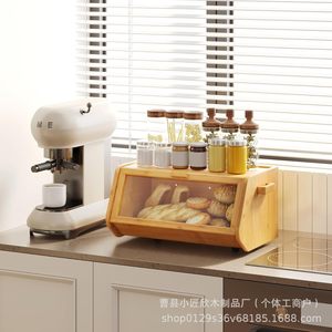 Boîte à pain en bambou à double couche, rangement de cuisine en bois avec porte en verre pour pâtisseries et en-cas - Product Image 3