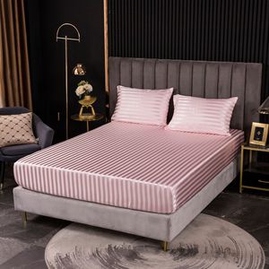 도매 실키 새틴 스트라이프 장착 침대 시트 주름 없는 깊은 포켓 하단 시트 - Product Image 5