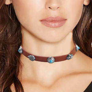 European American Retro <b>Choker</b> Brown Leather Flame Turquoise Stone Bohemian Style Party Necklace - Product Image 1
