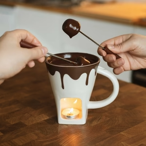 Tasse de fusion de chocolat personnelle en céramique chauffe-beurre Pot à fondue tasses avec fourchettes - Product Image 5