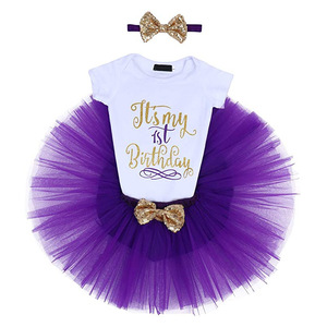 Conjunto de regalo <span class=keywords><strong>para</strong></span> bebé recién nacido niñas es mi 1st cumpleaños niña vestido de bebé Tutu morado - Product Image 1