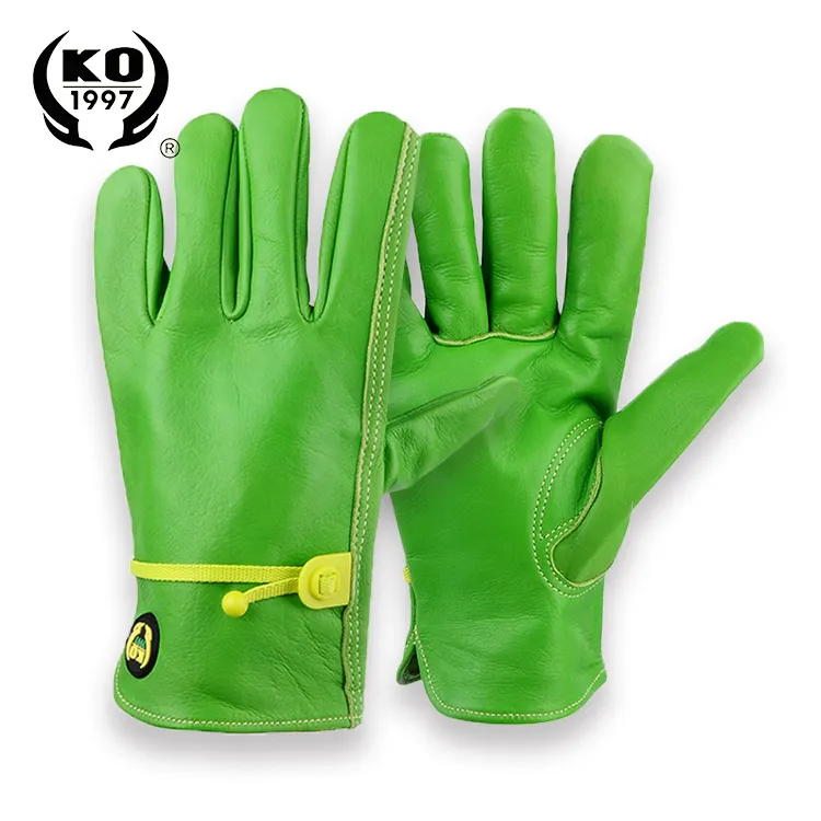 Custom Logo Driver Work Protect Green Cowhide Leather Gloves