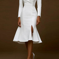 Robes mi-longues pour femmes, col en V, couleur unie, taille haute, manches longues, coupe ajustée, design enveloppant, impression numérique