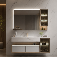 Meuble-lavabo flottant de luxe moderne avec vasque et miroir LED, ensemble de meubles de salle de bain en bois à fixation murale pour projets hôteliers et d'appartements