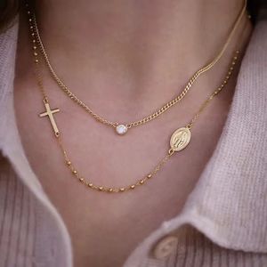 จี้กางเขนทอง 18k ยี่ห้อ Xinfly สำหรับทุกเพศ พร้อมสร้อยคอ ดีไซน์ศาสนาคริสต์นิกายคาทอลิก รูปพระแม่มารี สไตล์วินเทจ ประดับลูกปัด ของขวัญ - Product Image 4