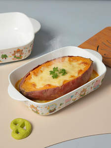 Huage - Plato Rectangular de Porcelana Blanca Pura con Doble Asa, Diseño de Dibujos Animados, Apto para Horno, <span class=keywords><strong>Microondas</strong></span> y Lavavajillas - Product Image 4