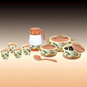 Ensemble de vaisselle isotherme en porcelaine émaillée Anax Peach Gardenia, 9 pièces, écologique, passe au lave-vaisselle, avec pot isotherme - Product Image 1