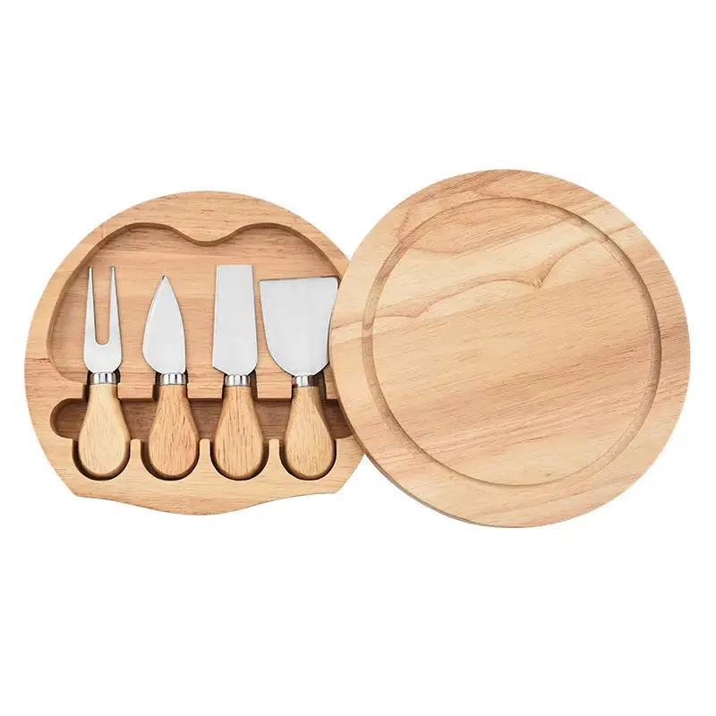 キッチン用木製ハンドル付き丸型バンブーアカシアウッドチーズまな板とナイフセットCharcuterie