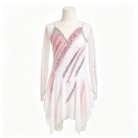 Robe de patinage et de danse dégradé blanc-rose, col en V, manches longues en maille, dos découpé avec strass, pour enfants et adultes, compétition et performance