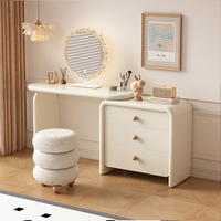Ensemble coiffeuse de luxe en bois massif avec miroir LED et grands tiroirs pour chambre à coucher – Crème Premium Française