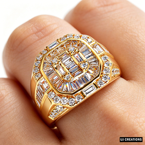Luxury Yellow <b>Gold</b> <b>Cocktail</b> <b>Ring</b> With Baguette Cut Diamonds Pave Setting Geometric Design Unisex Jewelry - Product Image 2