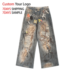 Manufacturers High Quality Fashion Denim Jeans Hip Hop Designer Vintage Custom 3D Print Distressed Baggy Short for <b>Men</b> Jeans - Product Image 1