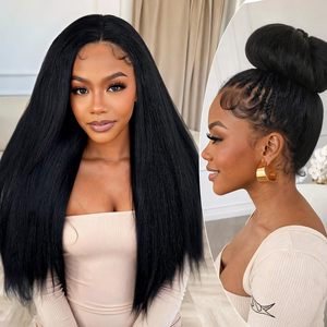 Peluca de <span class=keywords><strong>Cabello</strong></span> Humano con Frente de Encaje 360, Estilo Yaki Liso, con <span class=keywords><strong>Cabello</strong></span> de Bebé Pre-Arrancado, 180% de Densidad, Textura Yaki Ligera - Product Image 1