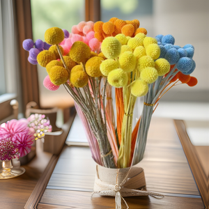 แจกันช่อดอกไม้แห้งสีเหลืองทรงกลมที่เก็บรักษาไว้เป็นช่อ - Product Image 1