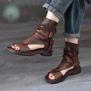 Nouvelles sandales-bottes de luxe vintage pour femmes en cuir souple, style gladiateur, à découpes, en cuir véritable, avec lacets et fermeture éclair arrière - Product Image 3