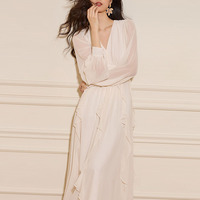 Robe décontractée pour femme, élégante et luxueuse, en mousseline de soie blanche, à volants, taille haute, col en V, manches longues, personnalisée