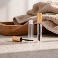 Tube de mascara en verre transparent et givré avec brosse en silicone et capuchon en bambou, emballage cosmétique, tube de mascara de voyage pour sac à main