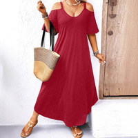 Robe longue décontractée d'été unie à col en V et épaules dénudées à manches courtes pour femme grande taille, idéale pour le dropshipping Shopify