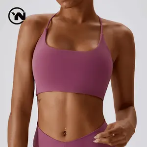 Women Yoga Bra Removable Padded Wireless Sports Top Thin Strappy Cross Back Mid Supports Gym Bra